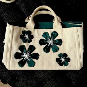 Prada Authentic Vintage Canvas And Green Flowers Tote